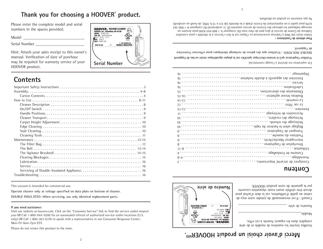 Hoover C1414900 owner manual Contents 