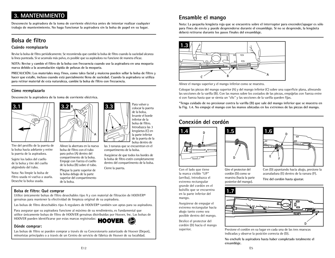 Hoover C1414900 owner manual Mantenimiento, Ensamble el mango, Bolsa de filtro Qué comprar, Dónde comprar 