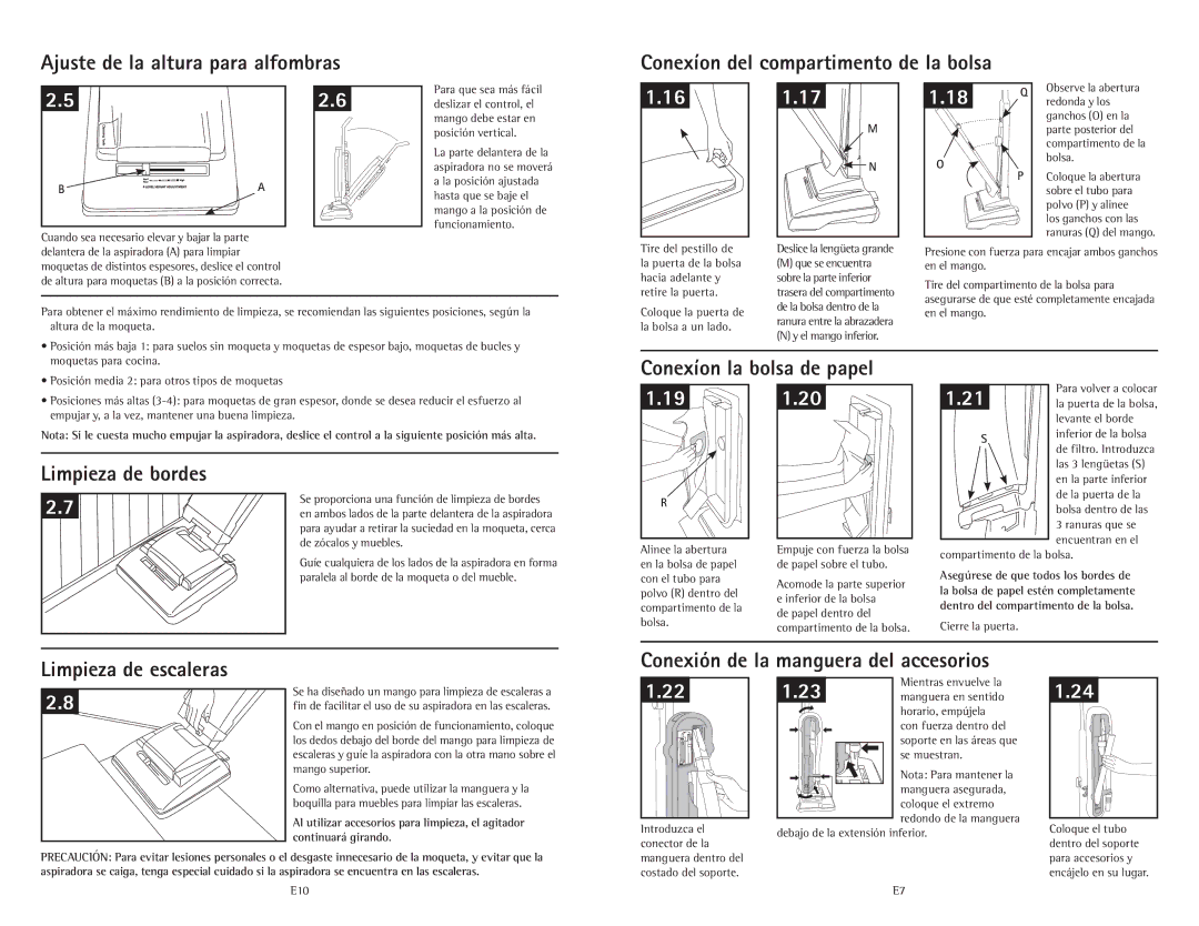 Hoover C1414900 owner manual Conexíon la bolsa de papel, Limpieza de escaleras, Limpieza de bordes 