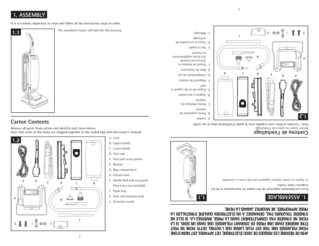 Hoover C1414900 owner manual Assembly, Carton Contents 