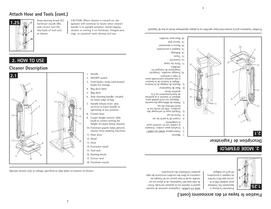 Hoover C1414900 owner manual HOW to USE Cleaner Description, 25.1, ’EMPLOI Mode, ’aspirateur de Description 