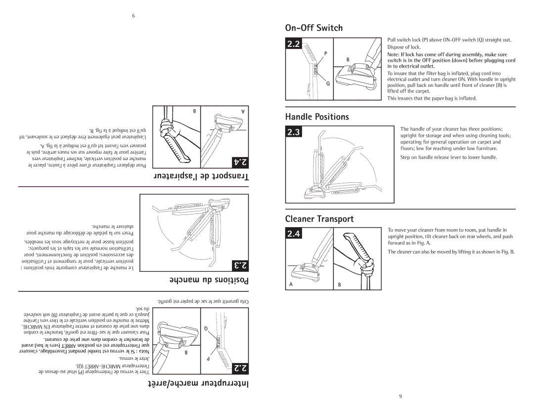 Hoover C1414900 owner manual On-Off Switch, Handle Positions, Marche/arrêt Interrupteur, Sol du, Verrou le Jeter 