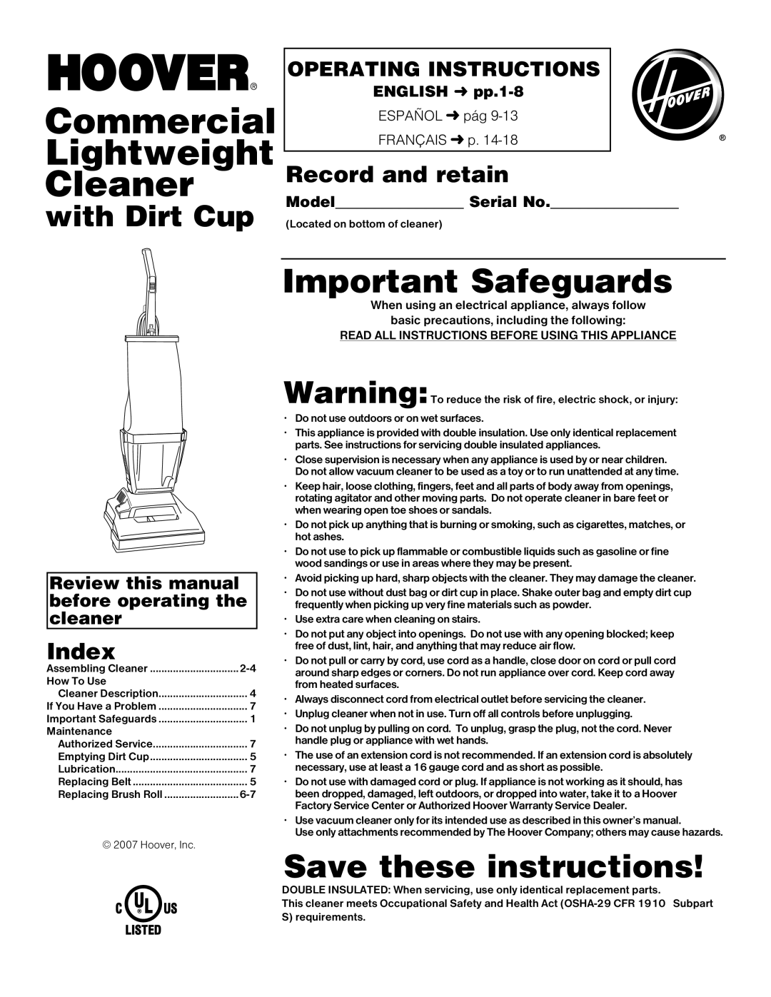 Hoover C1415 warranty Index, Record and retain, Review this manual before operating the cleaner, English ‹ pp.1-8 