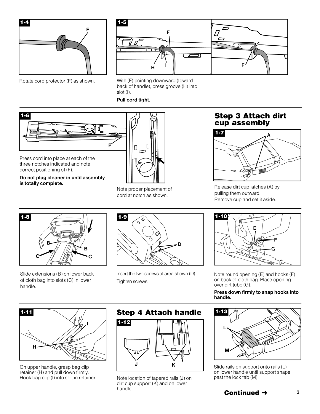 Hoover C1415 warranty Attach dirt cup assembly, Attach handle 