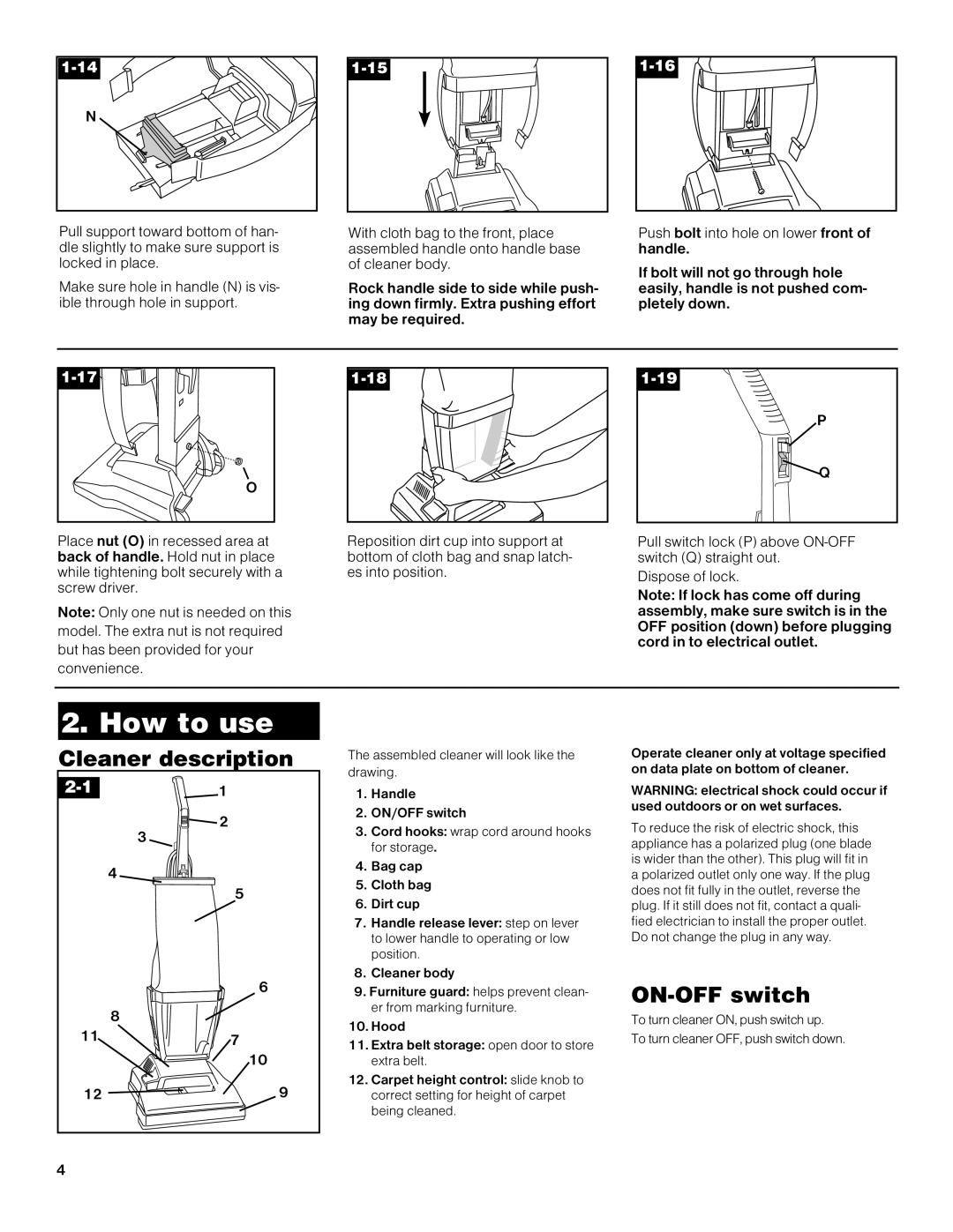 Hoover C1415 warranty Cleaner description, ON-OFF switch 