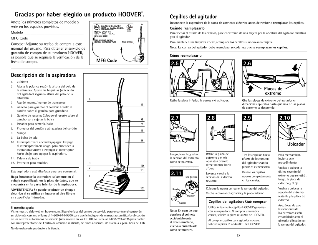 Hoover C1431010 owner manual Cepillos del agitador, Placas de Extremo, Ubicador 