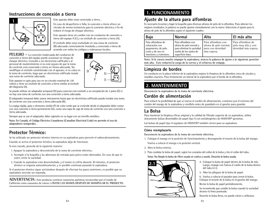 Hoover C1431010 owner manual Funcionamiento, Mantenimiento 