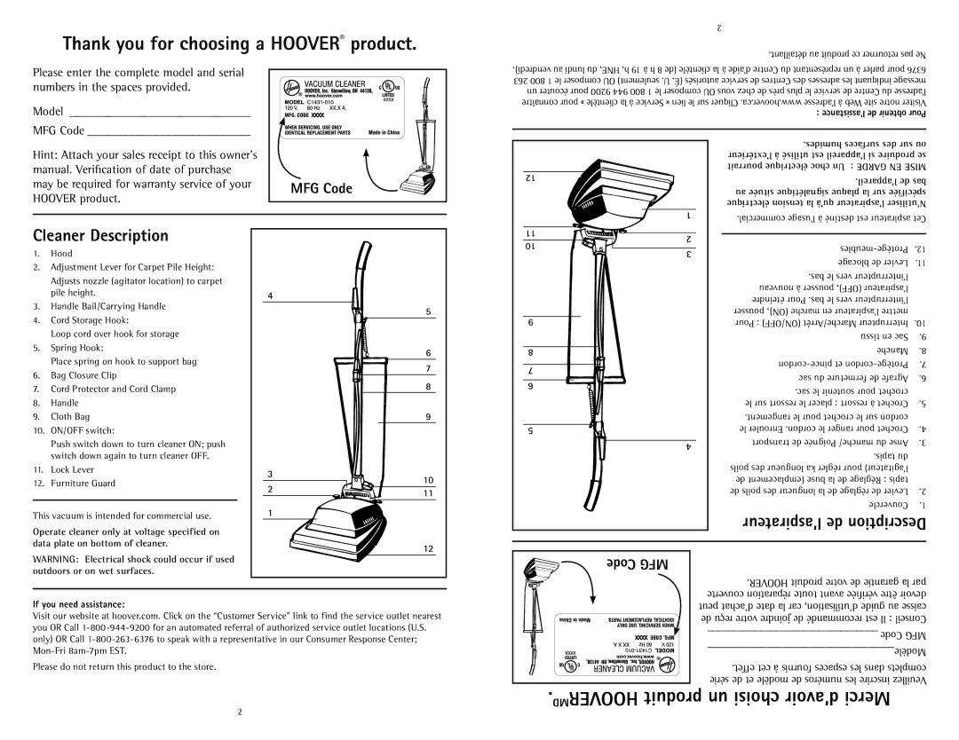 Hoover C1431010 owner manual Cleaner Description, ’aspirateur de Description, Code MFG, MFG Code, If you need assistance 