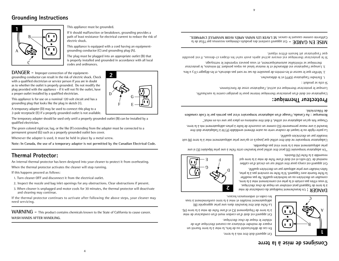 Hoover C1431010 owner manual Grounding Instructions, Thermal Protector, Thermique Protecteur, Terre la à mise de Consignes 