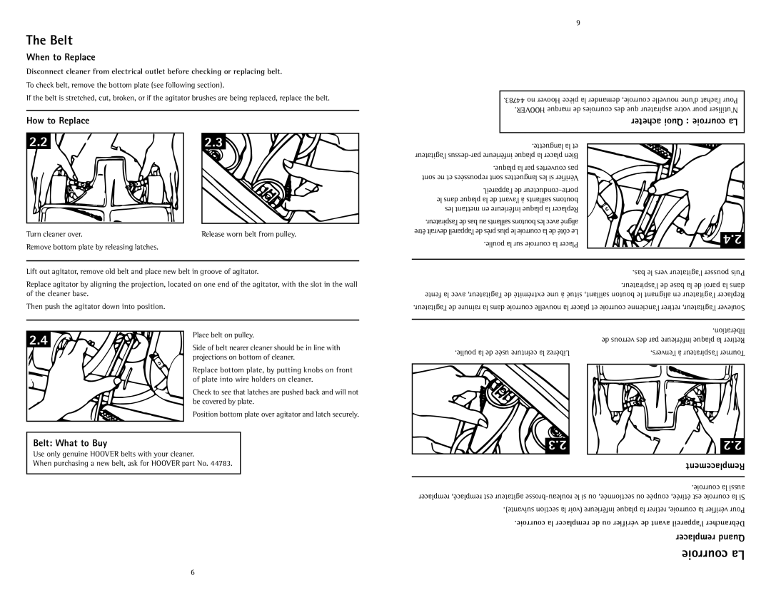 Hoover C1431010 owner manual Courroie La, When to Replace, Belt What to Buy 