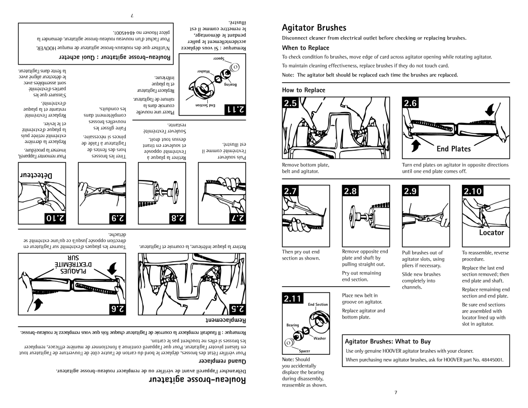 Hoover C1431010 owner manual Agitator Brushes, Agitateur brosse-Rouleau, End Plates, Locator 