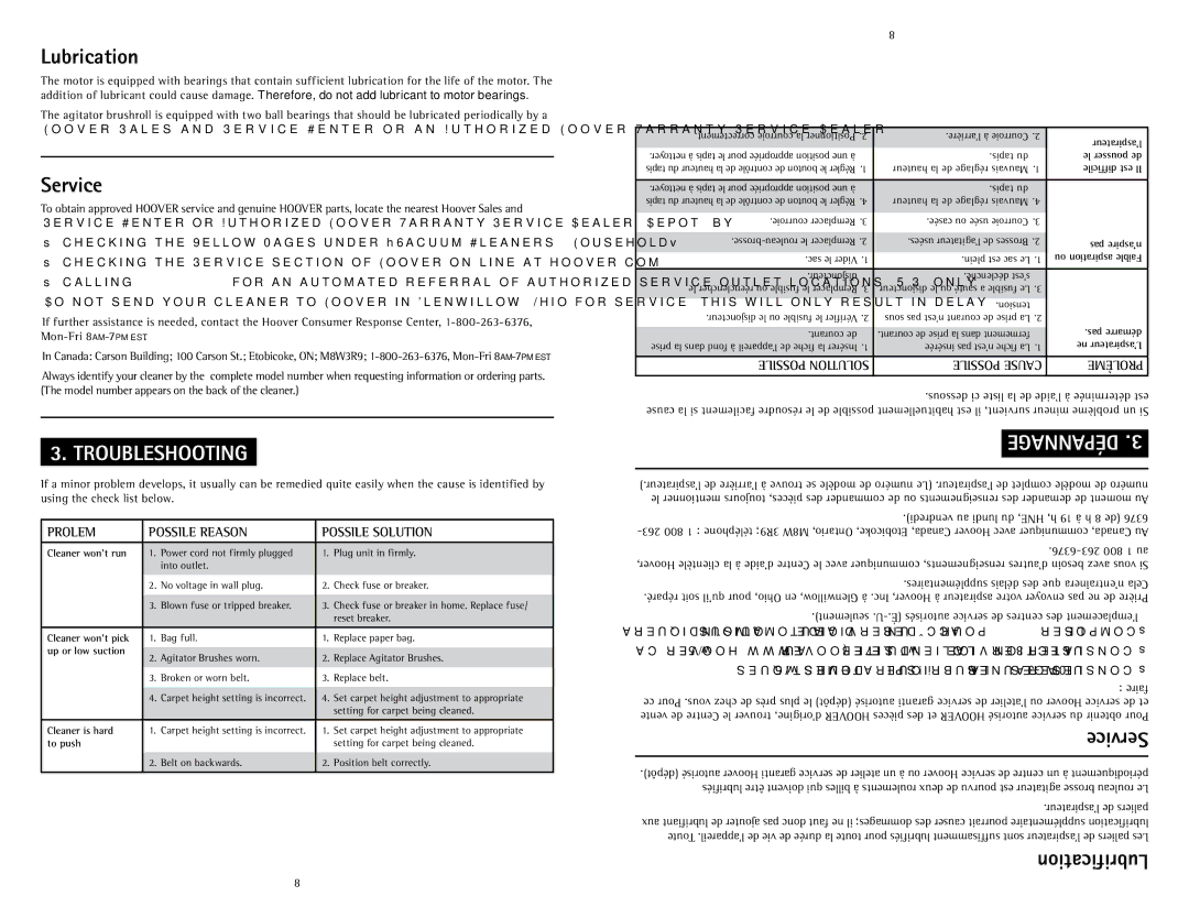 Hoover C1431010 owner manual Lubrication, Service, Troubleshooting, Seulement 