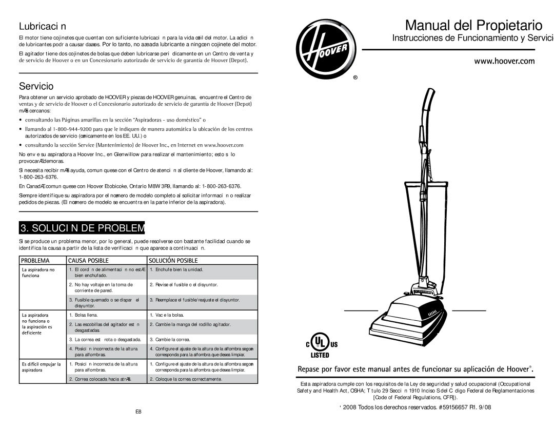 Hoover C1431010 owner manual Lubricación, Servicio, Solución DE Problemas 