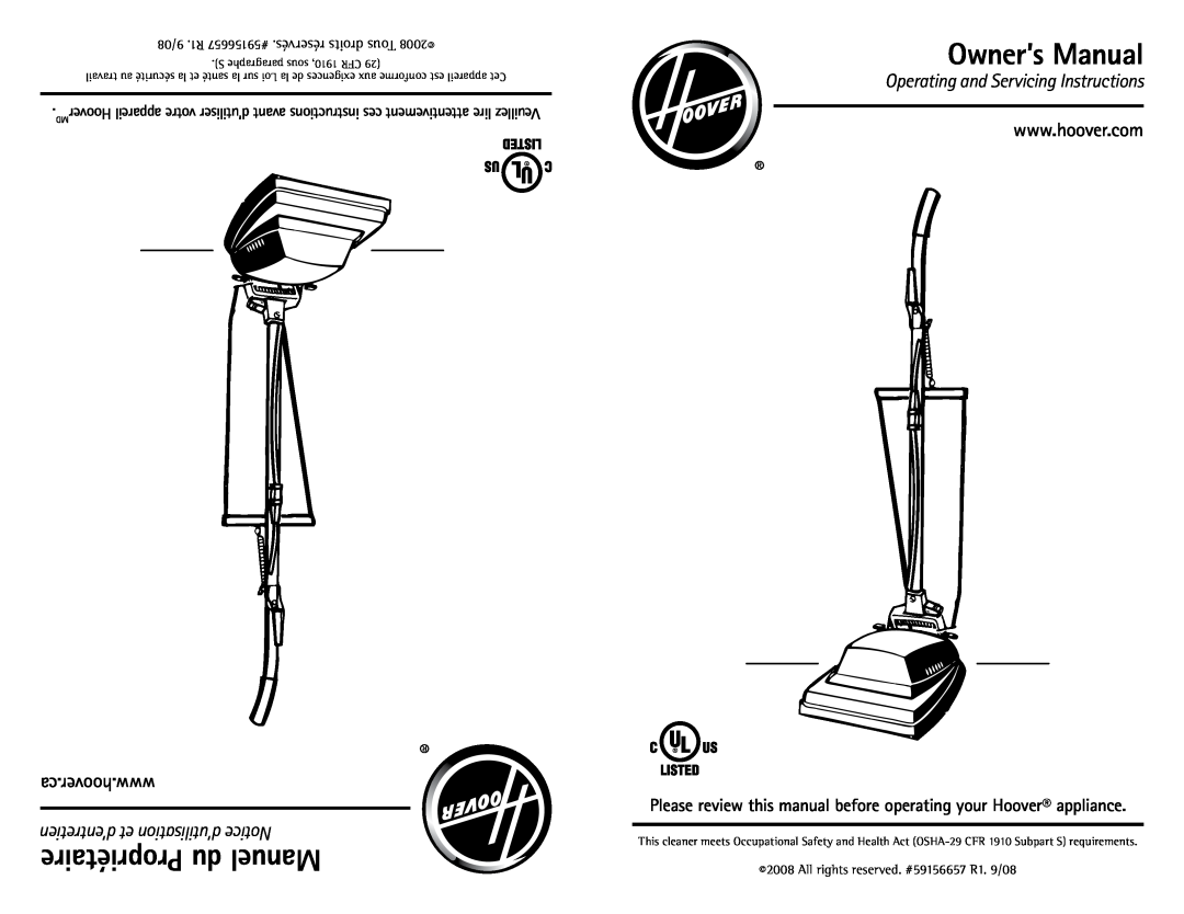 Hoover C1431010 owner manual ca.hoover.www, Please review this manual before operating your Hoover appliance 