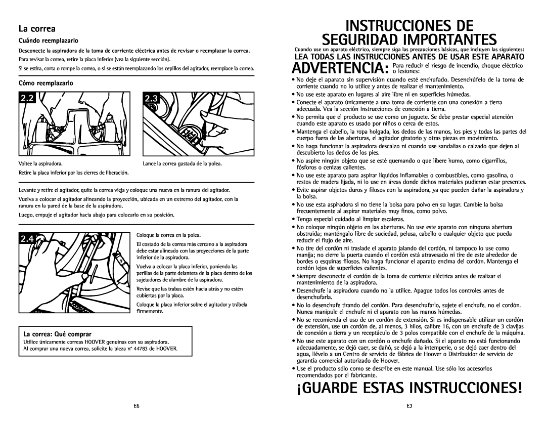 Hoover C1431010 owner manual Instrucciones De Seguridad Importantes, La correa Qué comprar, ¡Guarde Estas Instrucciones 
