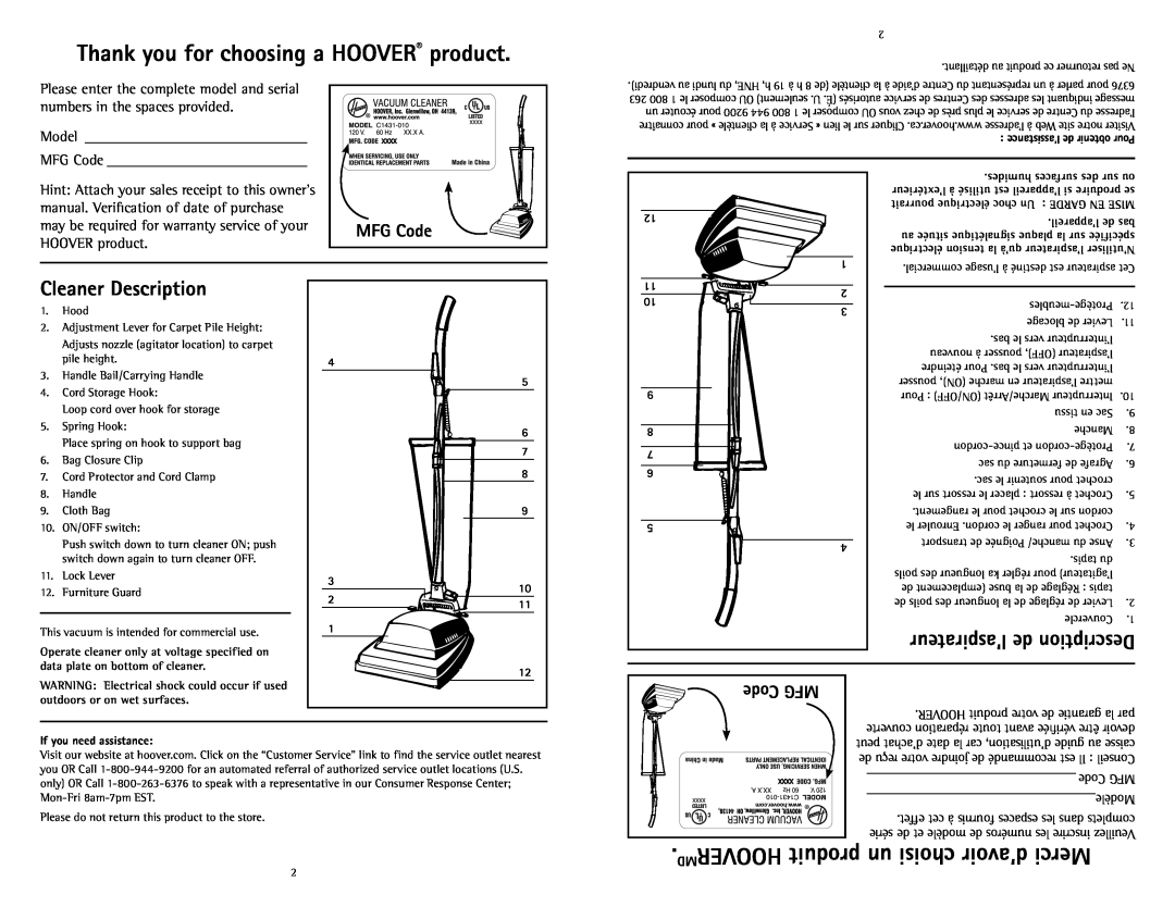 Hoover C1431010 Thank you for choosing a HOOVER product, MDHOOVER produit un choisi d’avoir Merci, Cleaner Description 
