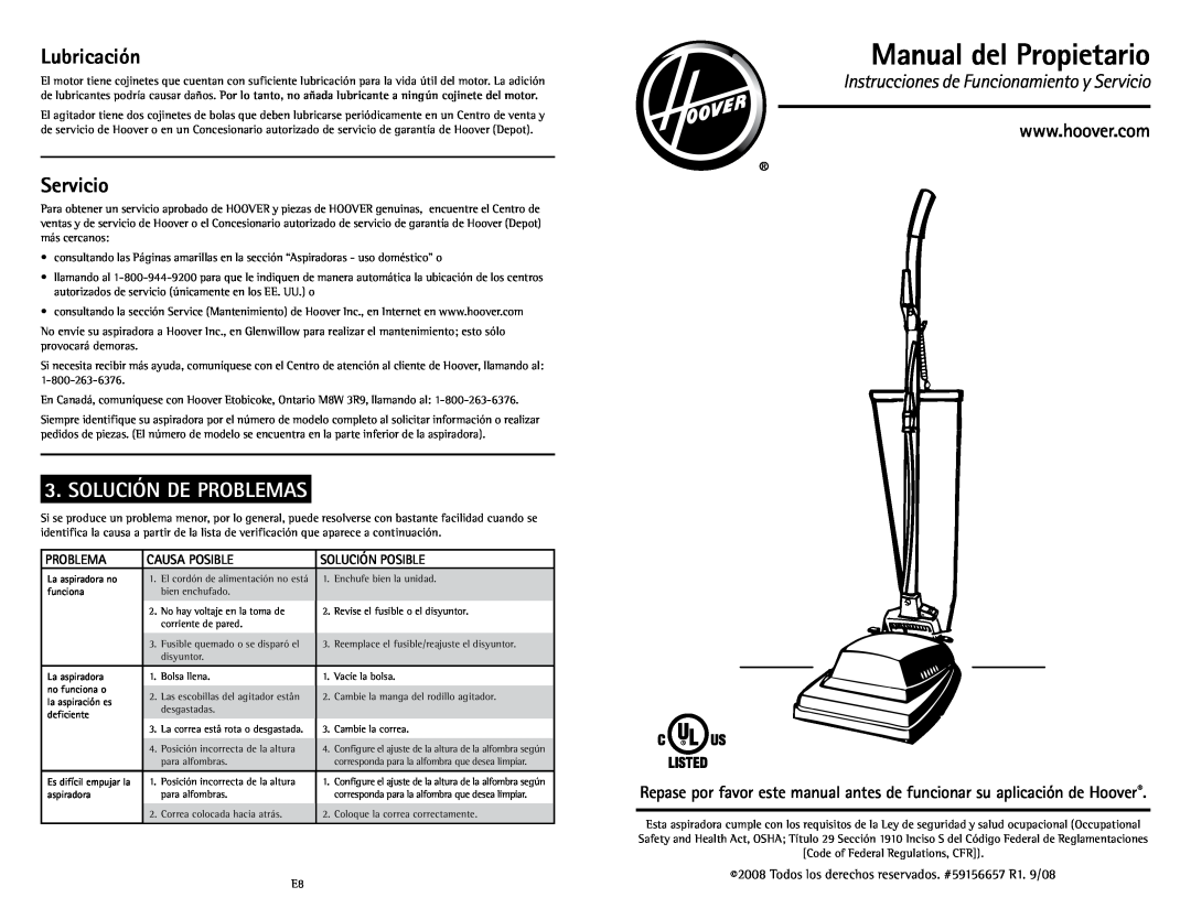 Hoover C1431010 Manual del Propietario, Lubricación, Servicio, Solución De Problemas, Causa Posible, Solución Posible 