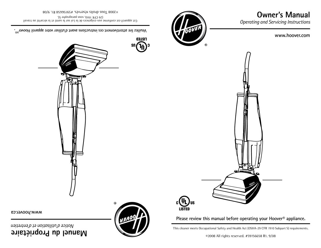 Hoover C1433010 owner manual 08 .R1 #59156658.réservés droits Tous, Paragraphe sous 1910, CFR 