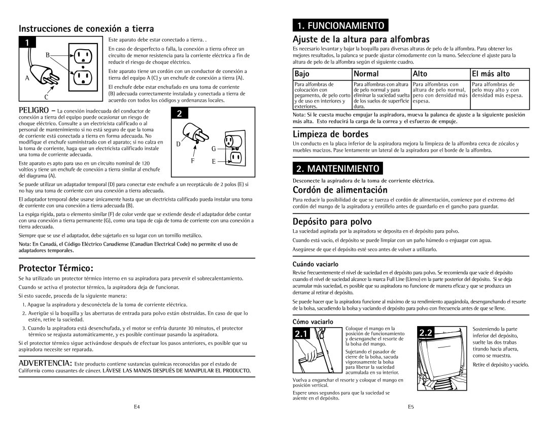 Hoover C1433010 owner manual Funcionamiento, Mantenimiento 