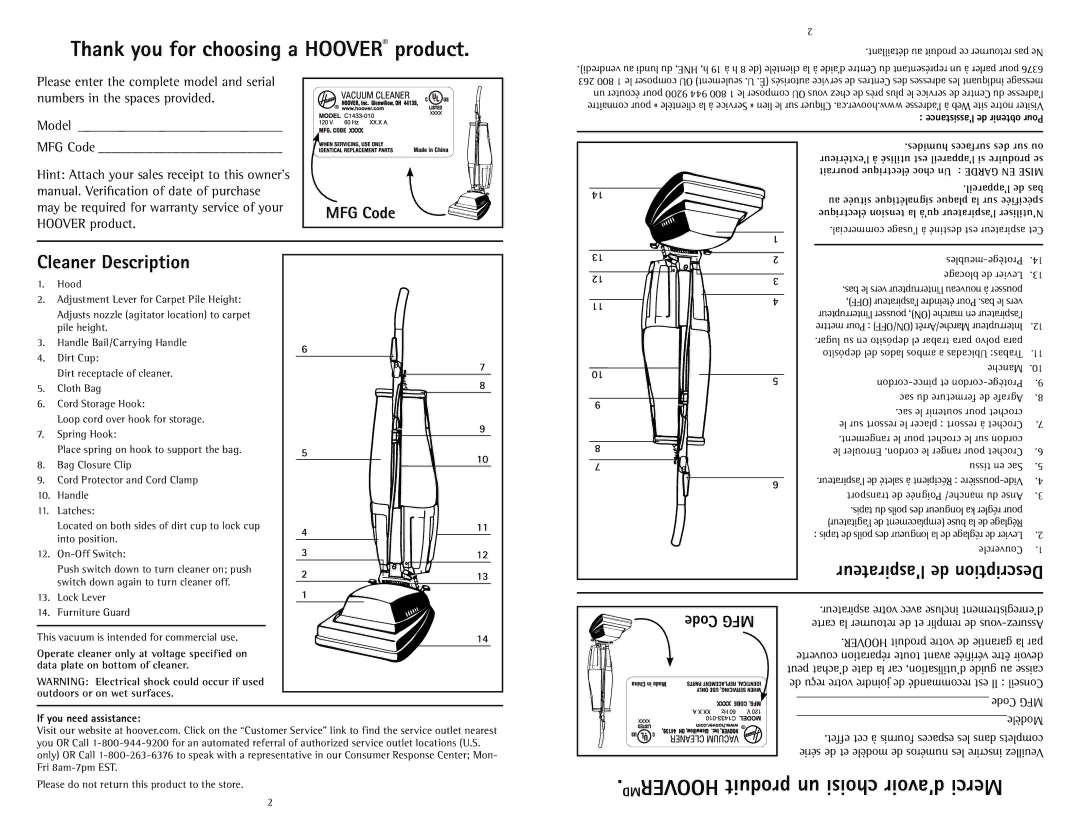 Hoover C1433010 owner manual Cleaner Description, Code MFG, MFG Code, If you need assistance 