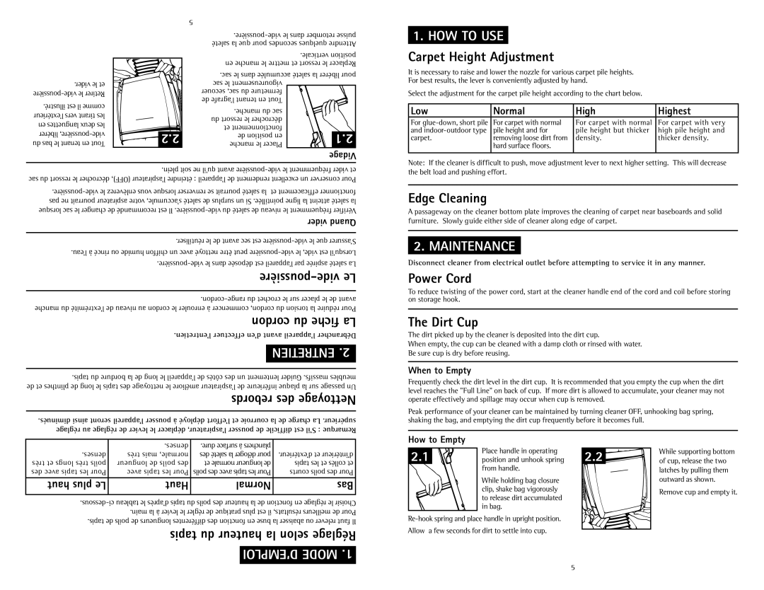 Hoover C1433010 owner manual HOW to USE, Maintenance 