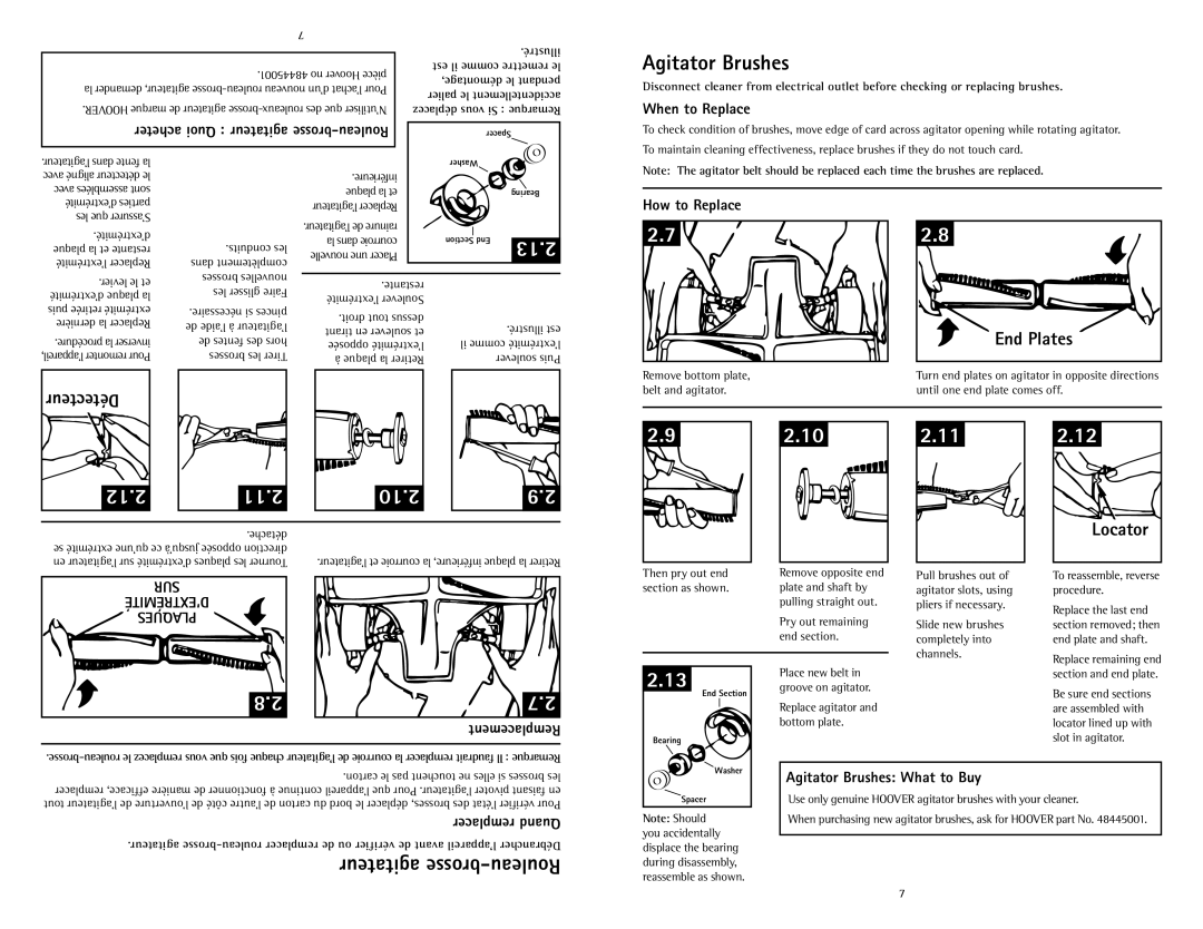 Hoover C1433010 owner manual End Plates, Locator, Remplacer Quand, Agitator Brushes What to Buy 