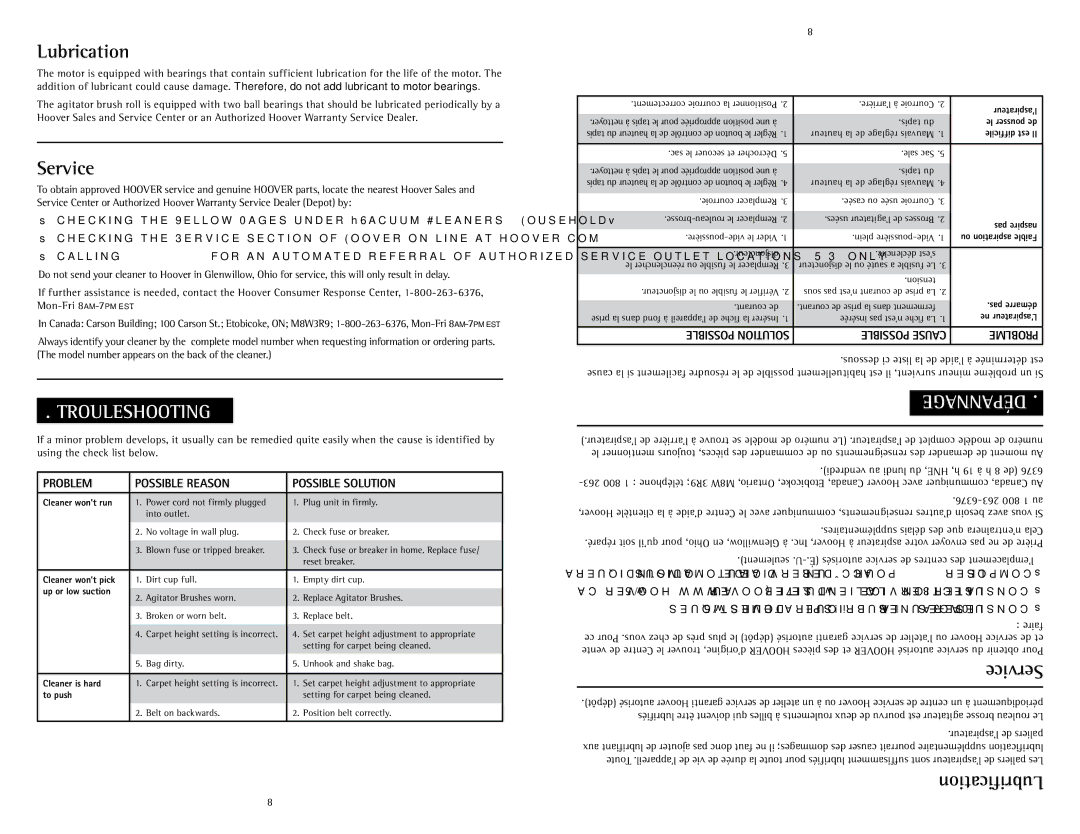 Hoover C1433010 owner manual Lubrication, Service, Troubleshooting, Seulement 