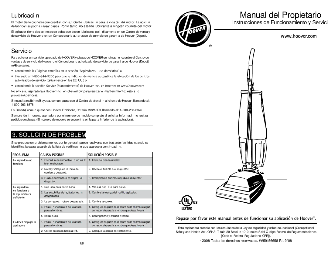 Hoover C1433010 owner manual Lubricación, Servicio, Solución DE Problemas 