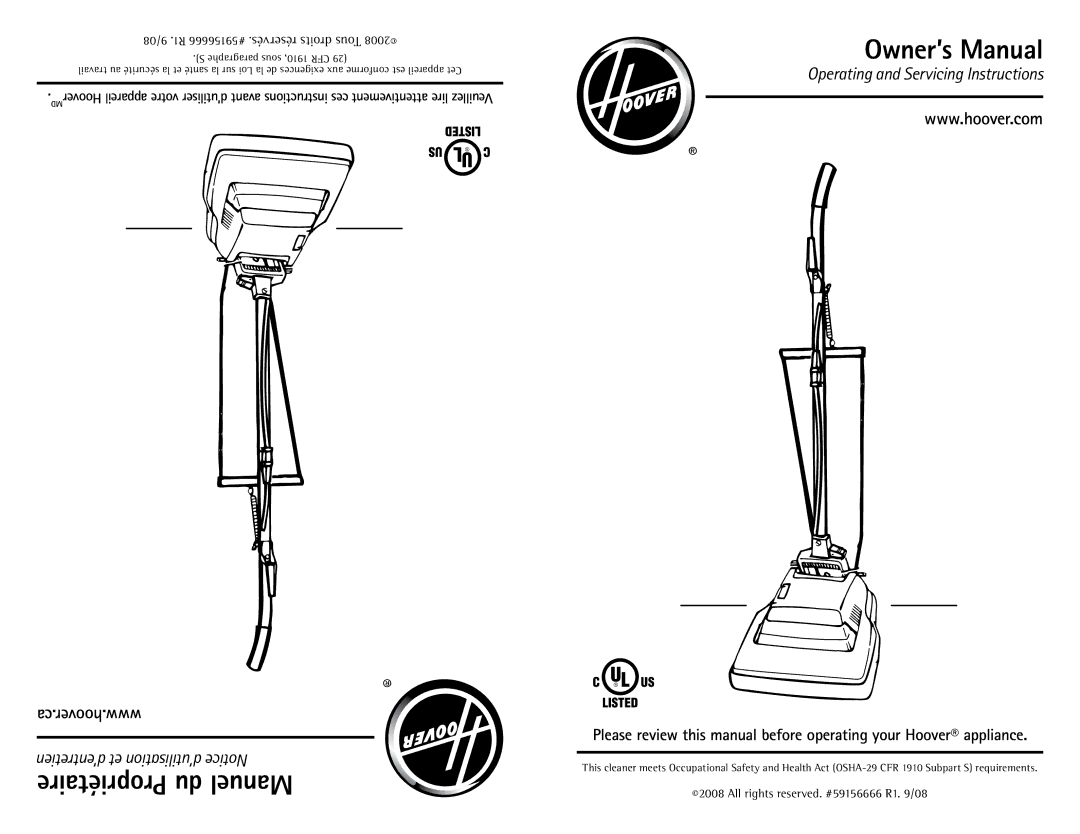 Hoover C1631 owner manual 08 .R1 #59156666.réservés droits Tous, All rights reserved. #59156666 R1 /08 