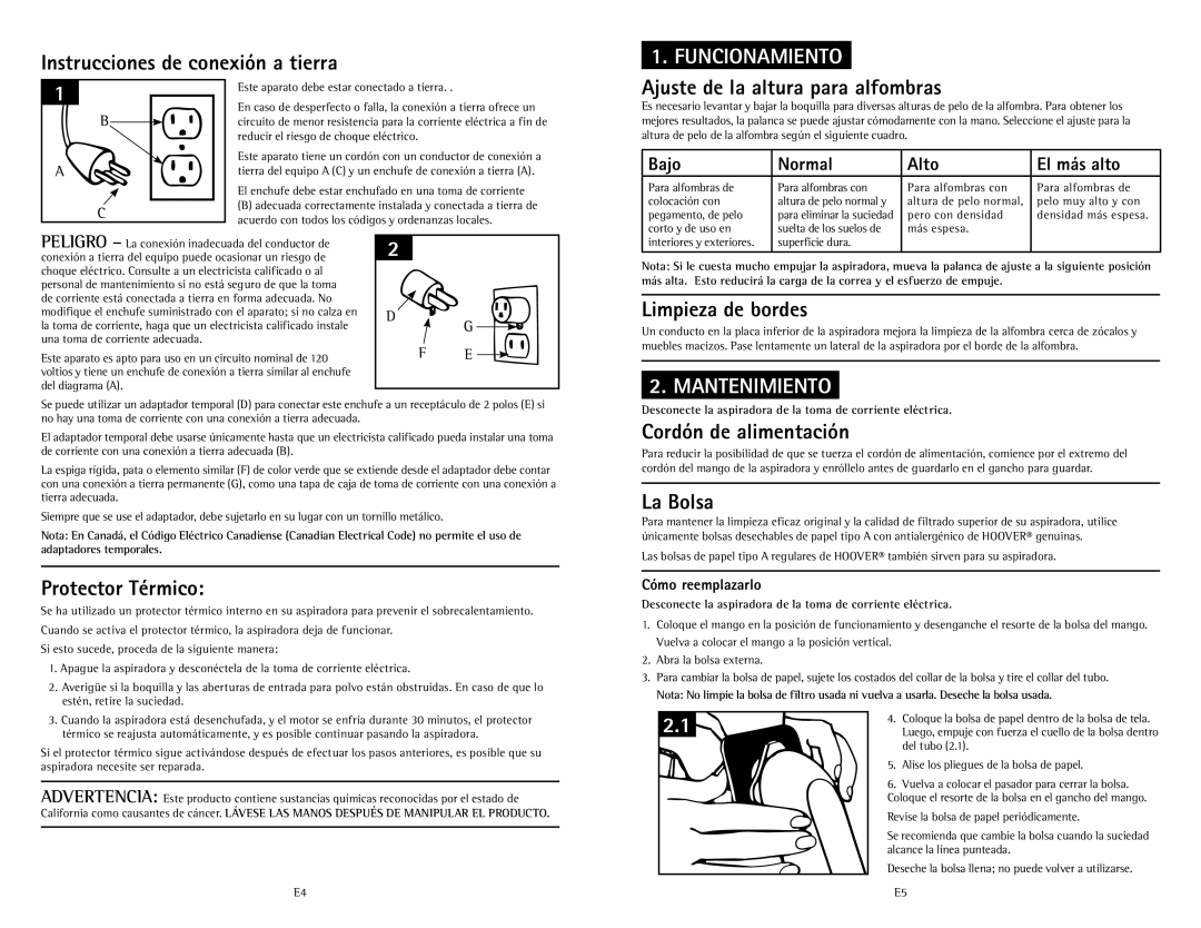 Hoover C1631 owner manual Funcionamiento, Mantenimiento 