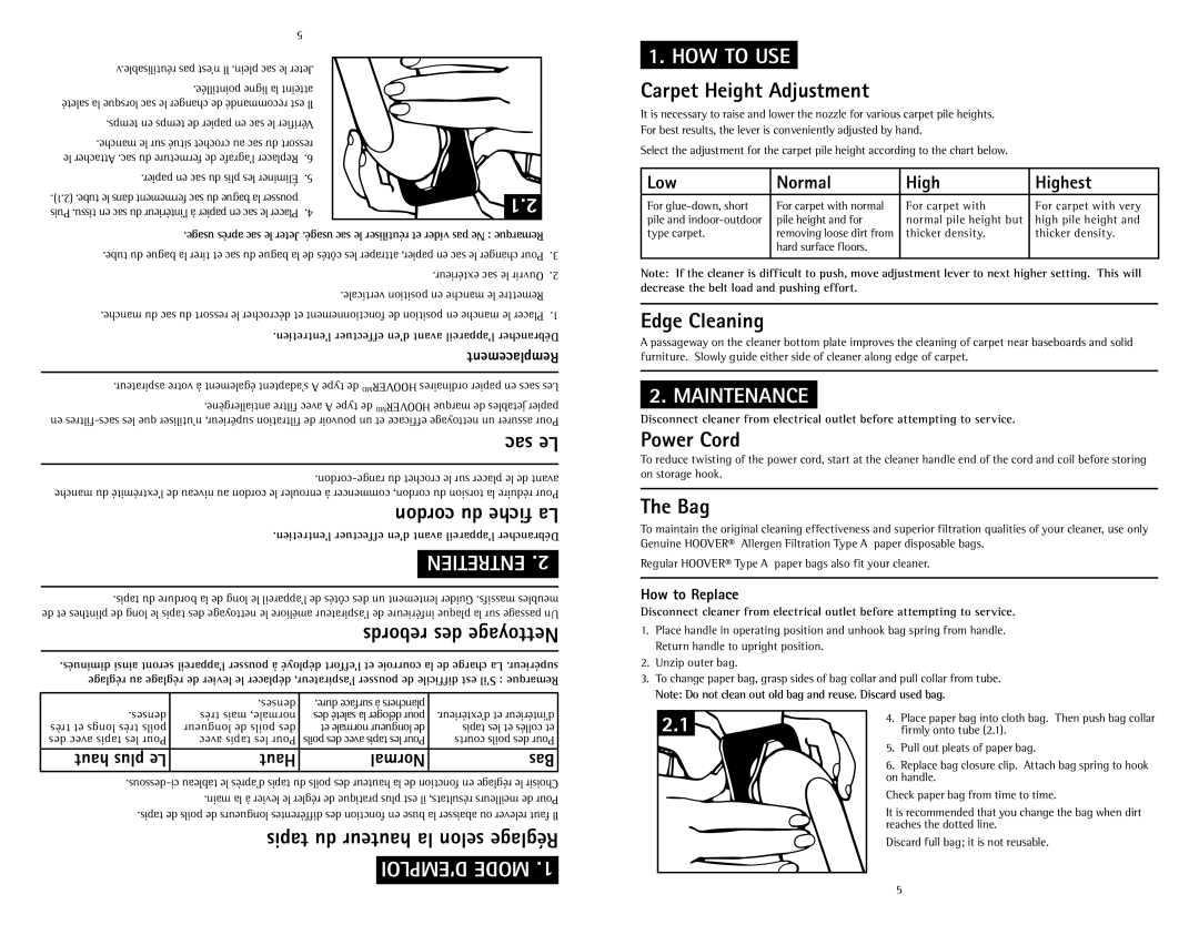 Hoover C1631 owner manual HOW to USE, Maintenance 