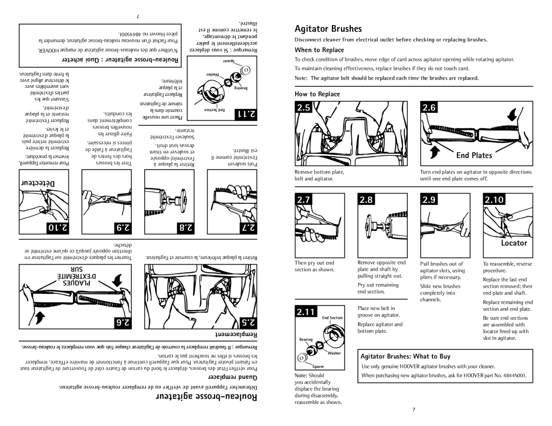 Hoover C1631 owner manual Agitator Brushes, Agitateur brosse-Rouleau, End Plates, Locator 