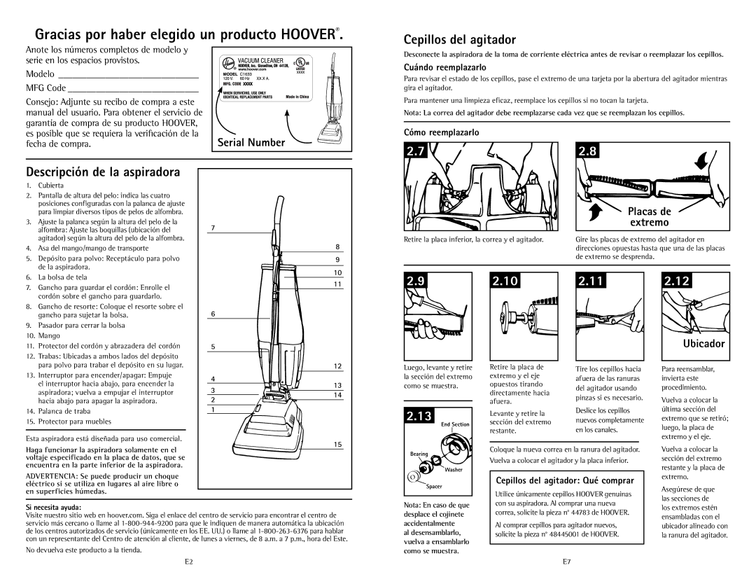 Hoover C1633 owner manual Cepillos del agitador, Placas de Extremo, Ubicador 