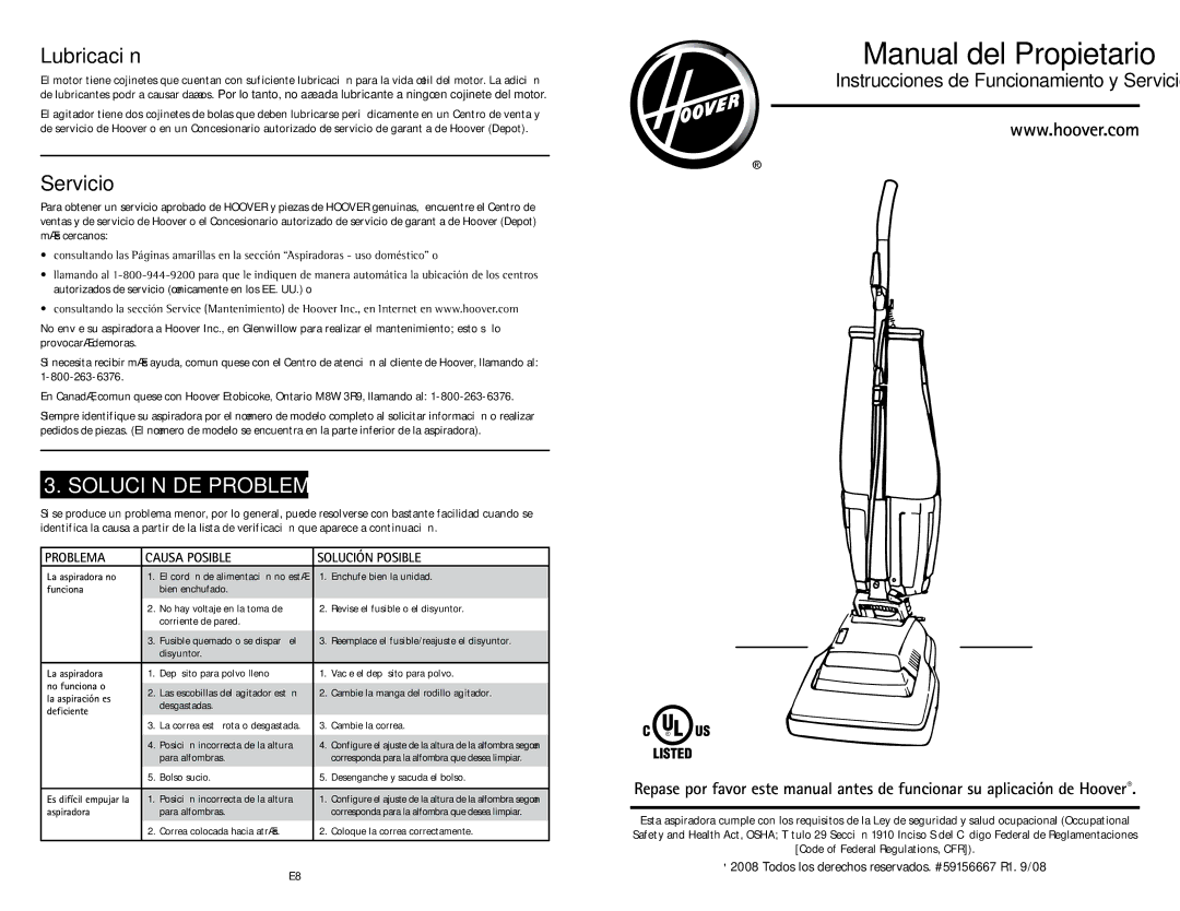 Hoover C1633 owner manual Lubricación, Servicio, Solución DE Problemas 