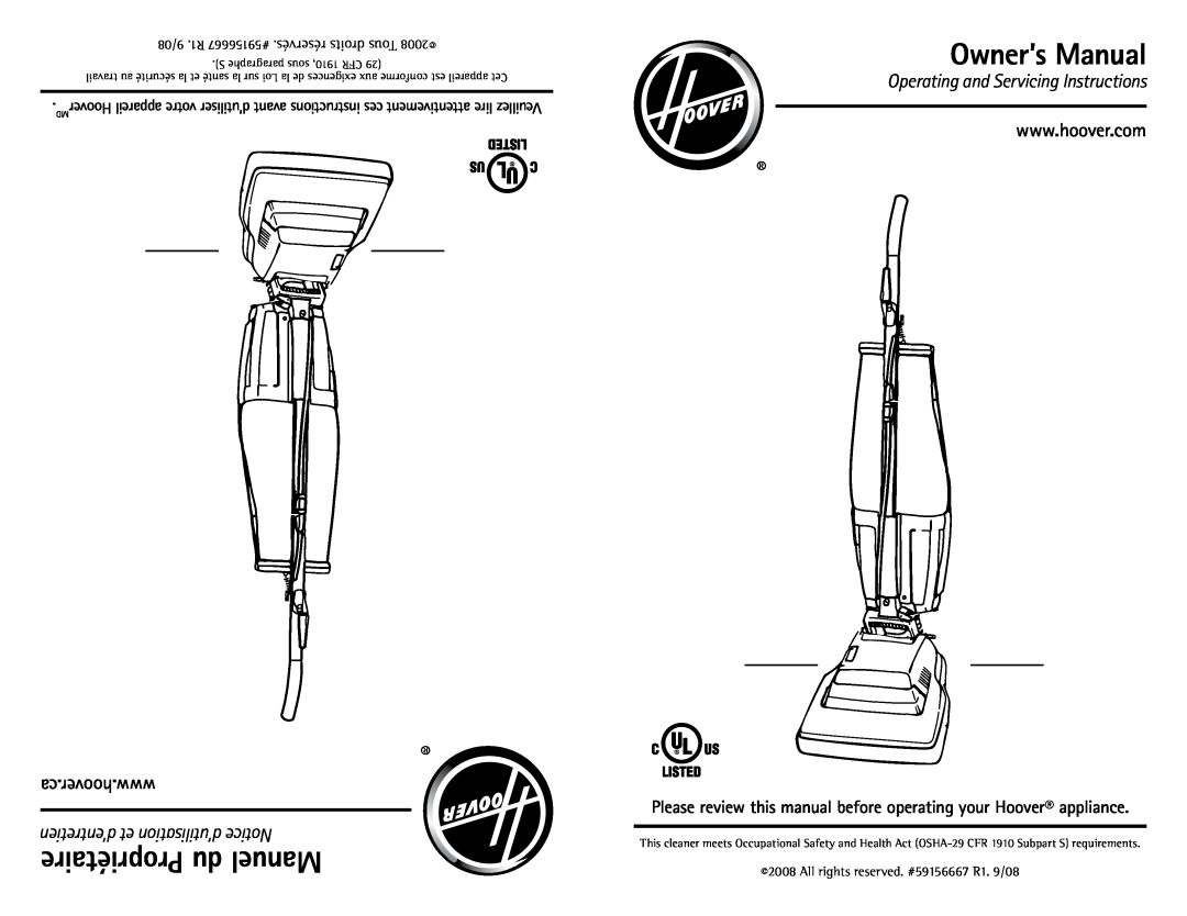 Hoover C1633 owner manual ca.hoover.www, Please review this manual before operating your Hoover appliance, Owner’s Manual 
