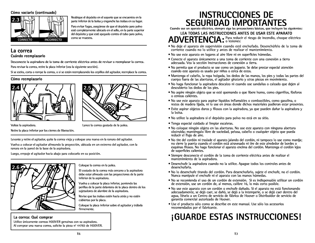 Hoover C1633 owner manual Instrucciones De Seguridad Importantes, Cómo vaciarlo continuado, La correa Qué comprar 