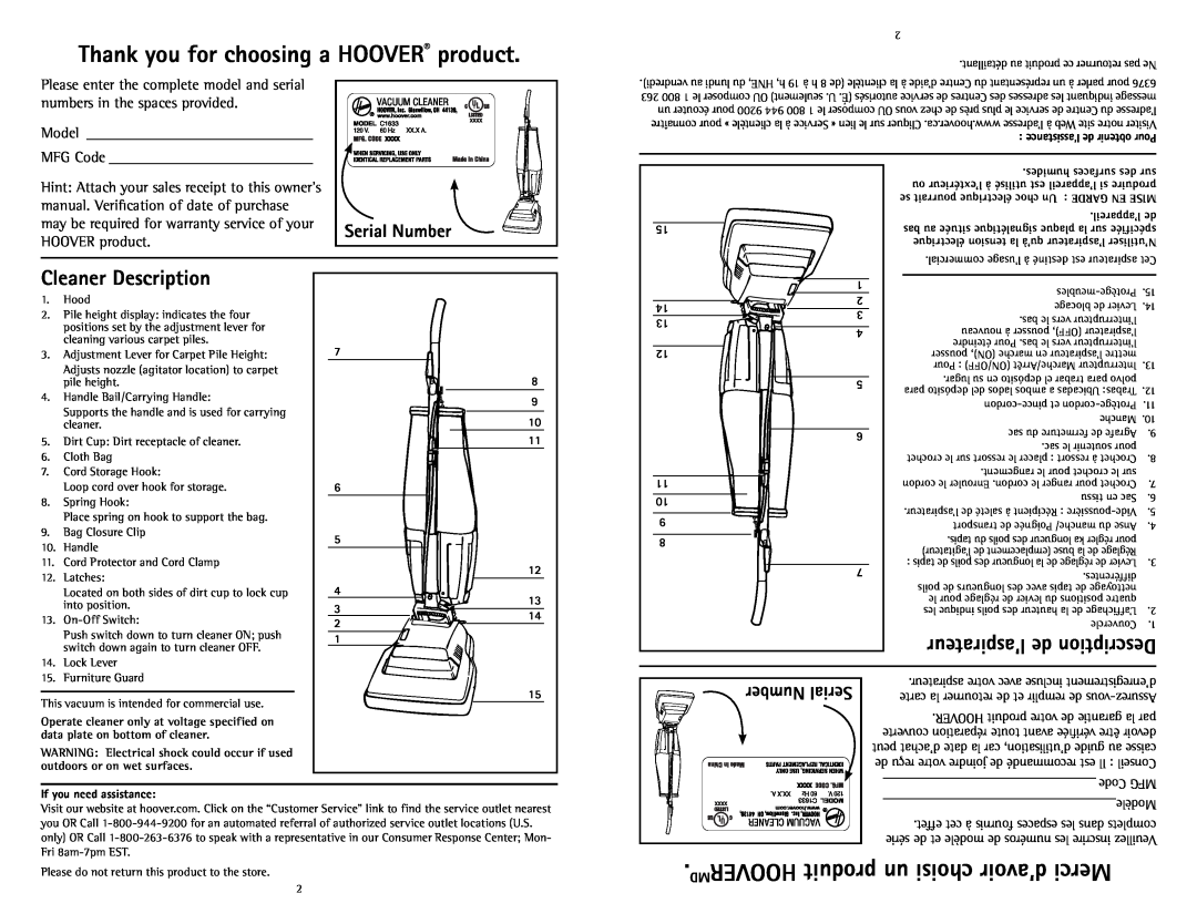 Hoover C1633 Thank you for choosing a HOOVER product, MDHOOVER produit un choisi d’avoir Merci, Cleaner Description 
