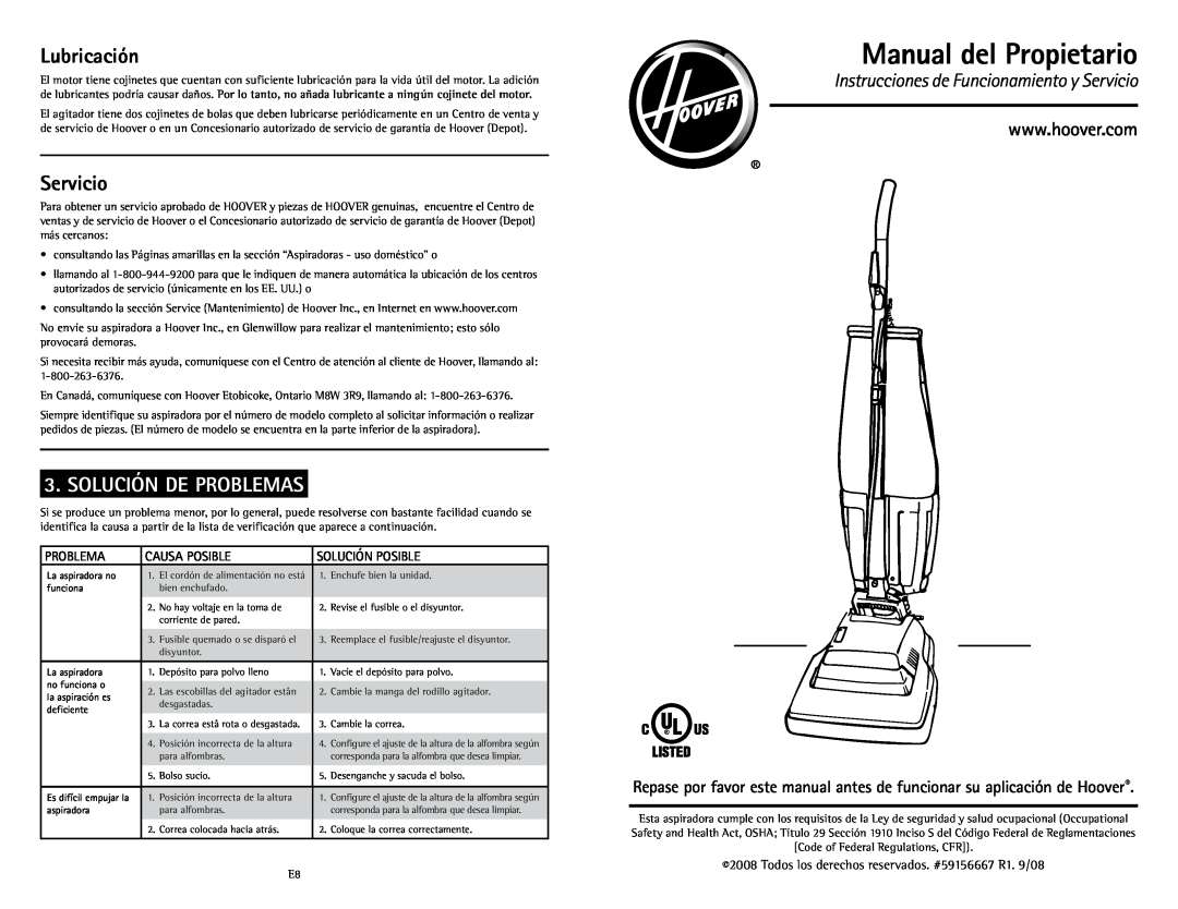 Hoover C1633 Manual del Propietario, Lubricación, Servicio, Solución De Problemas, Causa Posible, Solución Posible 
