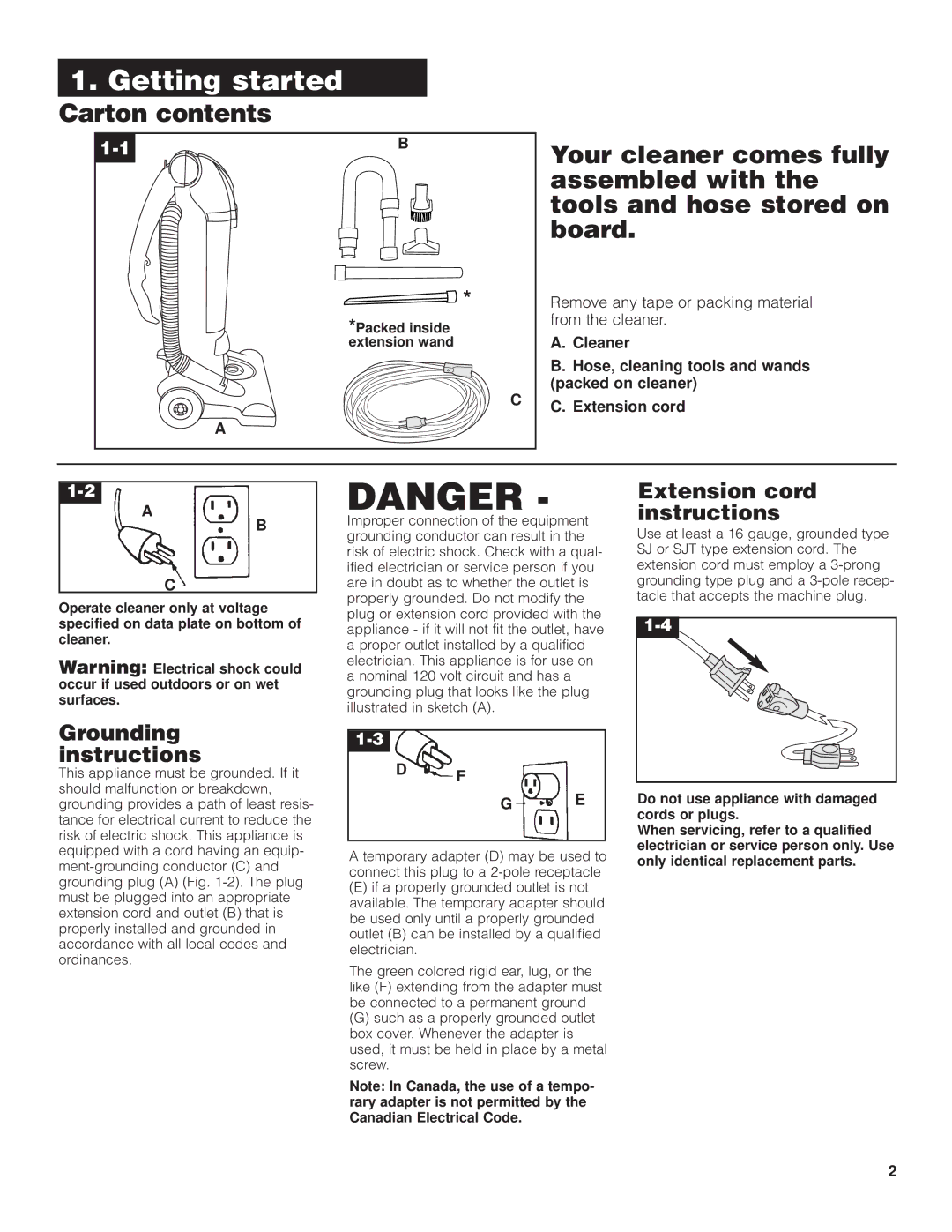 Hoover C1660-900 user manual Grounding instructions, Extension cord instructions, Packed inside extension wand 