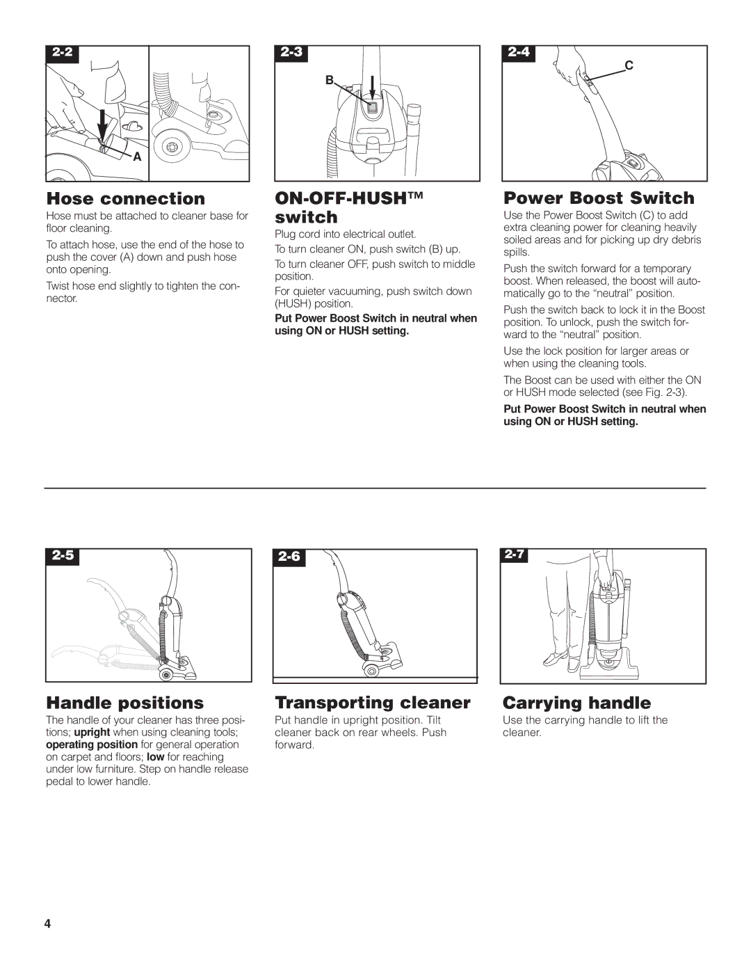 Hoover C1660-900 Hose connection, ON-OFF-HUSH switch, Power Boost Switch, Handle positions, Transporting cleaner 