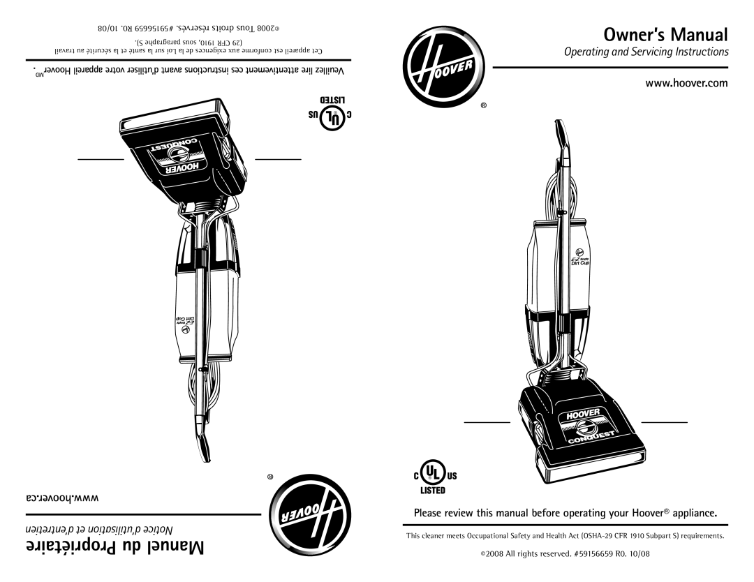 Hoover C1800010 owner manual 10/08 .R0 #59156659 .réservés droits Tous, Paragraphe sous 1910, CFR 