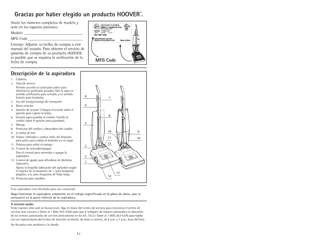 Hoover C1800010 owner manual Gracias por haber elegido un producto Hoover, No devuelva este producto a la tienda 