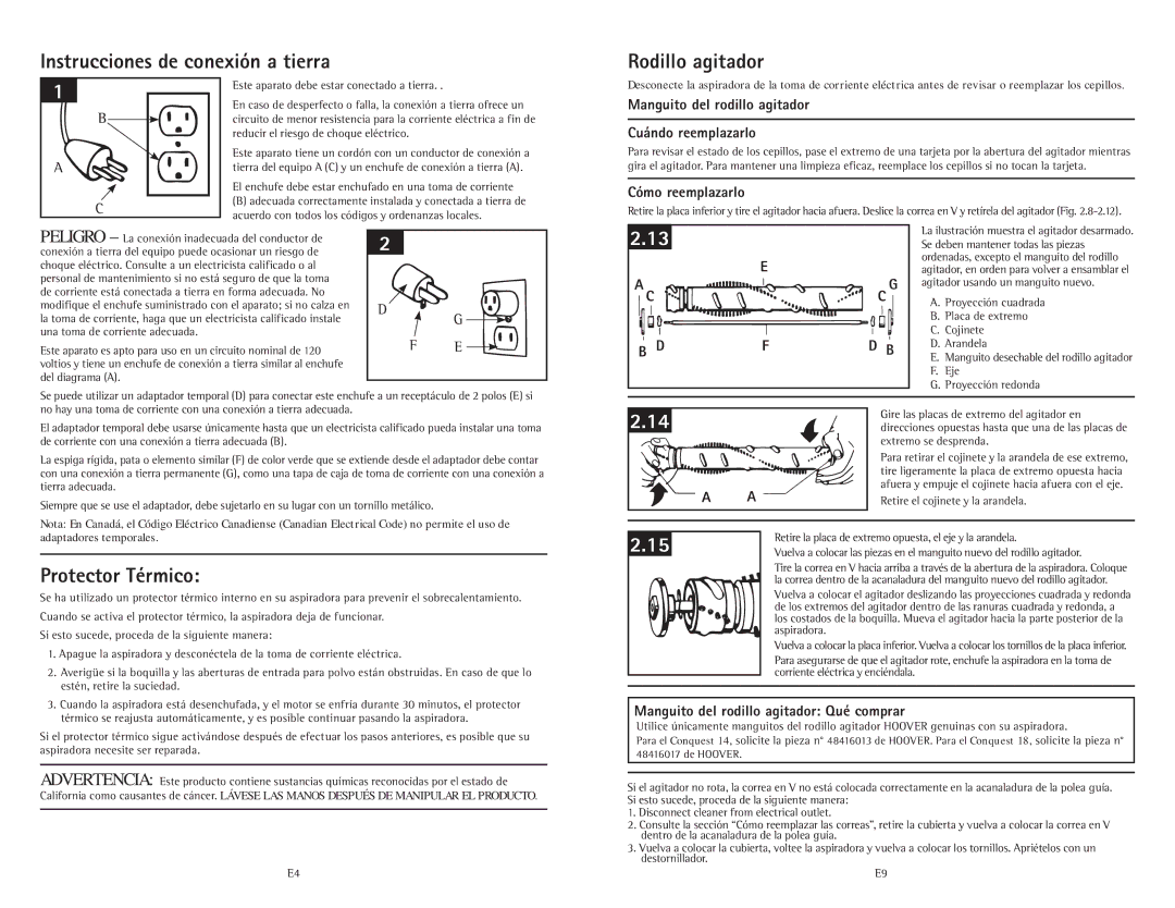 Hoover C1800010 owner manual Instrucciones de conexión a tierra, Rodillo agitador, Protector Térmico 