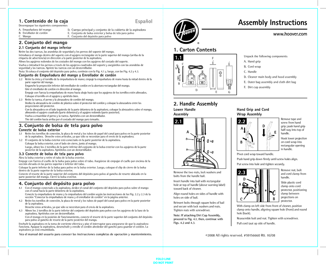 Hoover C1810010 manual Carton Contents, Handle Assembly 