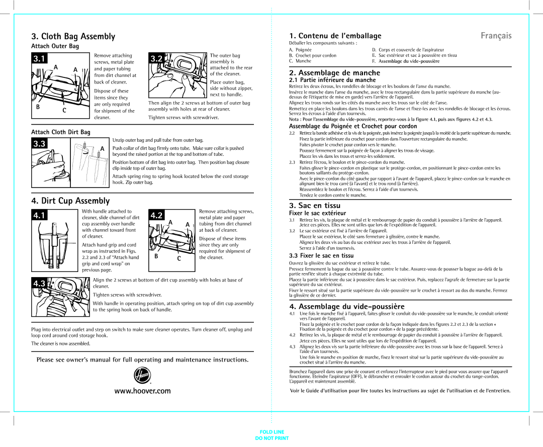 Hoover C1810010 manual Cloth Bag Assembly, Dirt Cup Assembly 