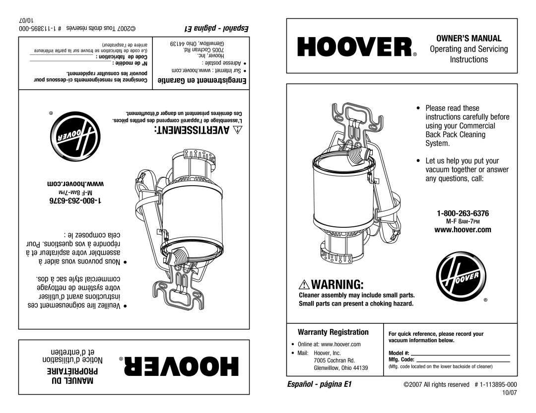 Hoover C2401-010 owner manual Com.hoover.www pm7-am8 F-M, Mail Hoover, Inc, Cochran Rd, Glenwillow, Ohio 