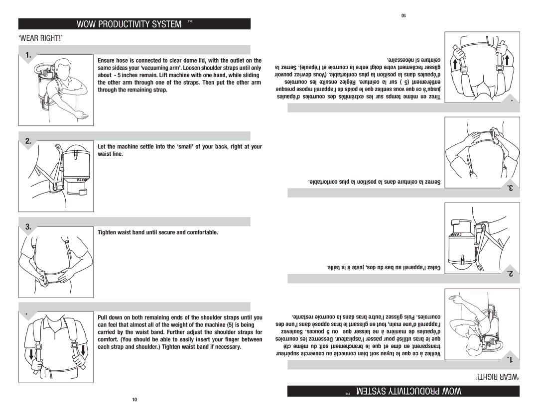 Hoover C2401-010 owner manual ‘Wear Right!’, Tighten waist band until secure and comfortable, Right!’ ‘Wear 