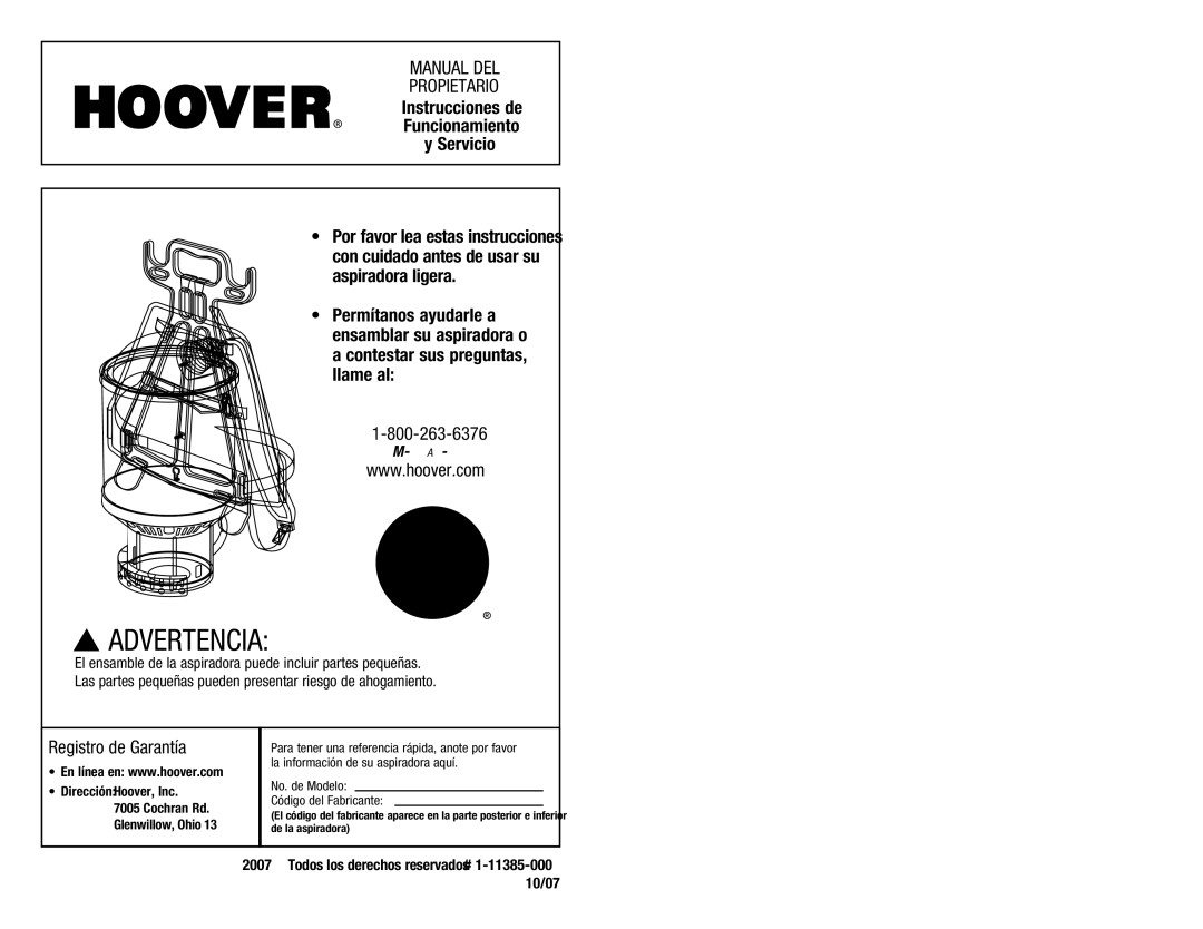 Hoover C2401-010 owner manual Manual DEL Propietario, Dirección Hoover, Inc Cochran Rd Glenwillow, Ohio 