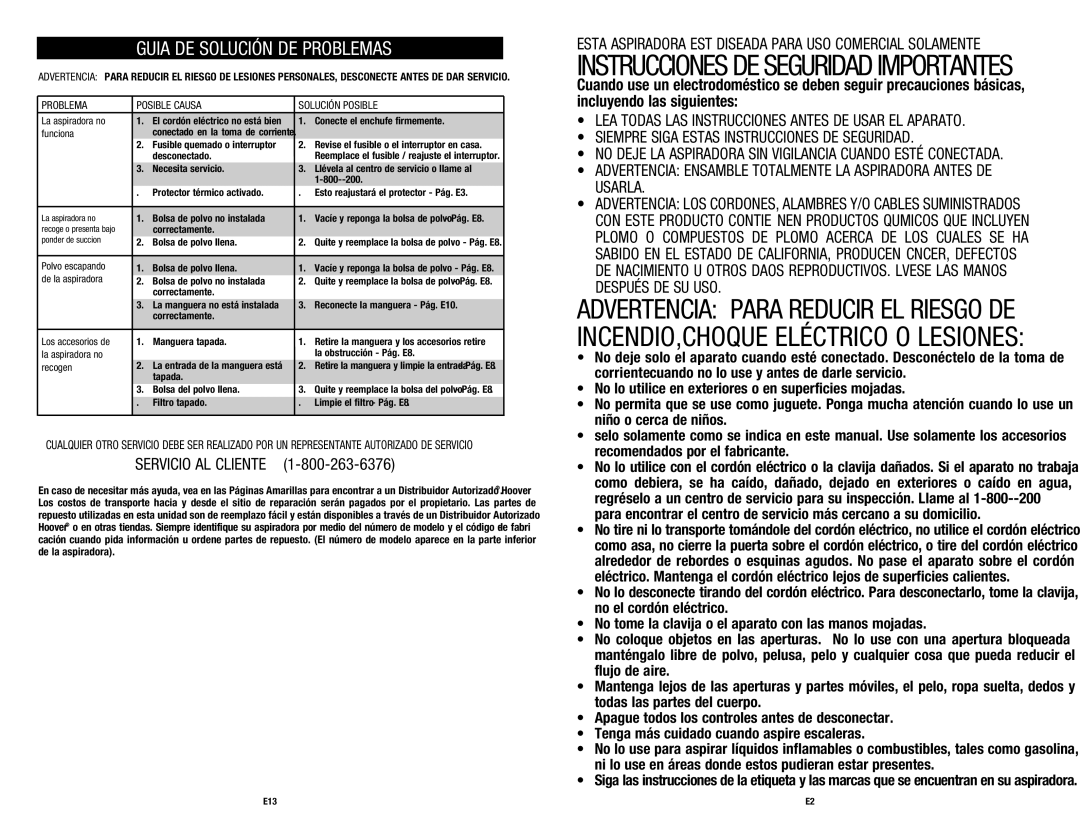 Hoover C2401-010 owner manual Instrucciones DE Seguridad Importantes, Guia DE Solución DE Problemas 