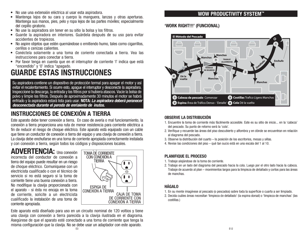 Hoover C2401-010 owner manual Instrucciones DE Conexión a Tierra, ‘WORK RIGHT!!!’ Funcional 